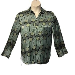 Zara Green Geometric Print Blouse Shirt Women's S 1/4 Button Front 3 Button Cuff